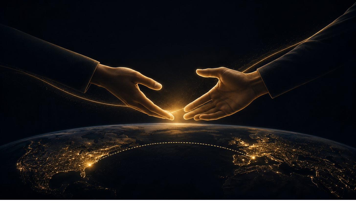 Two hands reaching to meet over the globe, the US and EU connected by a glowing corridor